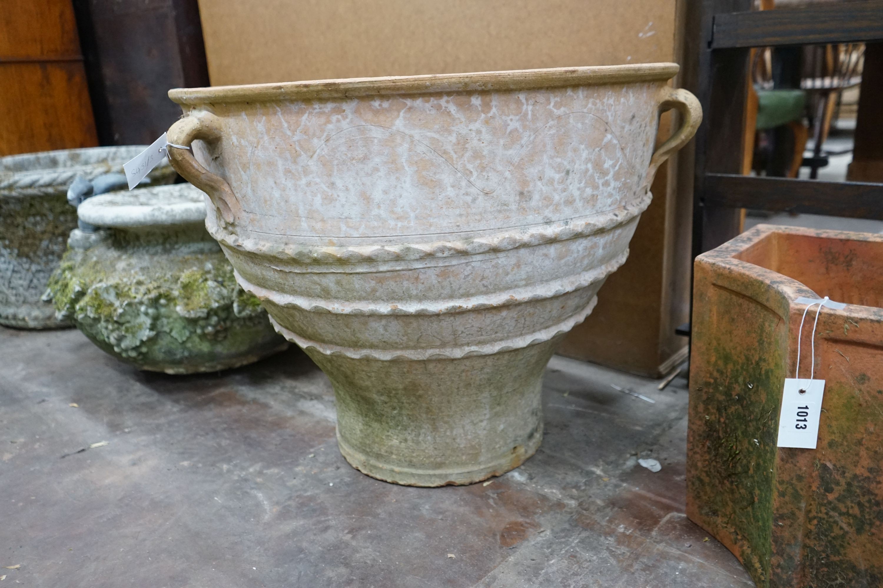 A large Greek style circular terracotta garden planter, diameter 72cm, height 59cm